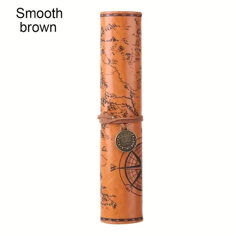 Creative Treasure Map Retro Leather Pencil Case Large Capacity Roll Up Pencil Bag Embossed Buckle Stationery Storage Pouch Oasis Select D