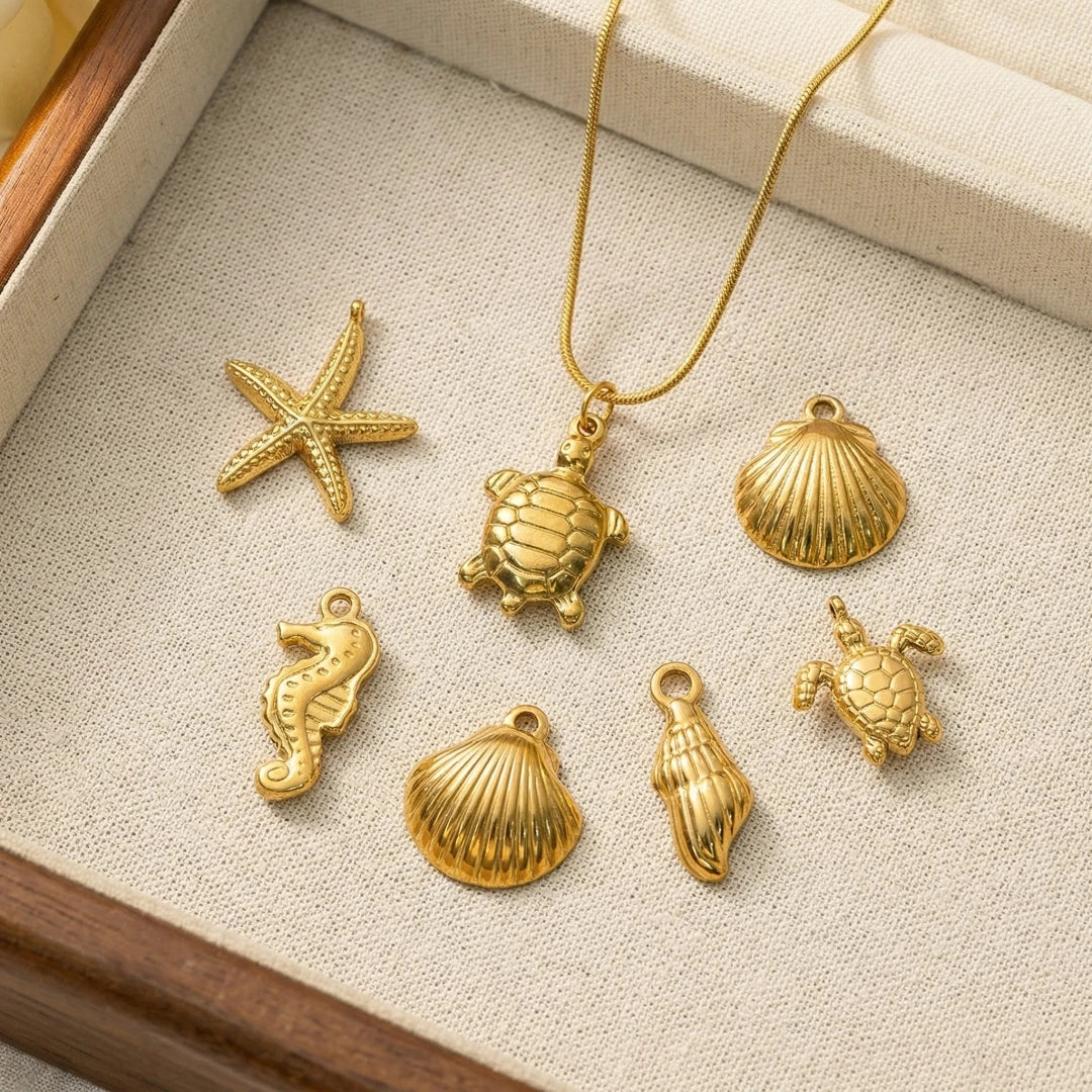 5pcs Stainless Steel Starfish Charms Shell Fish Tail Hippocampus Gold Charms Pendants Jewelry Making Ocean Dangle Accessories Oasis Select