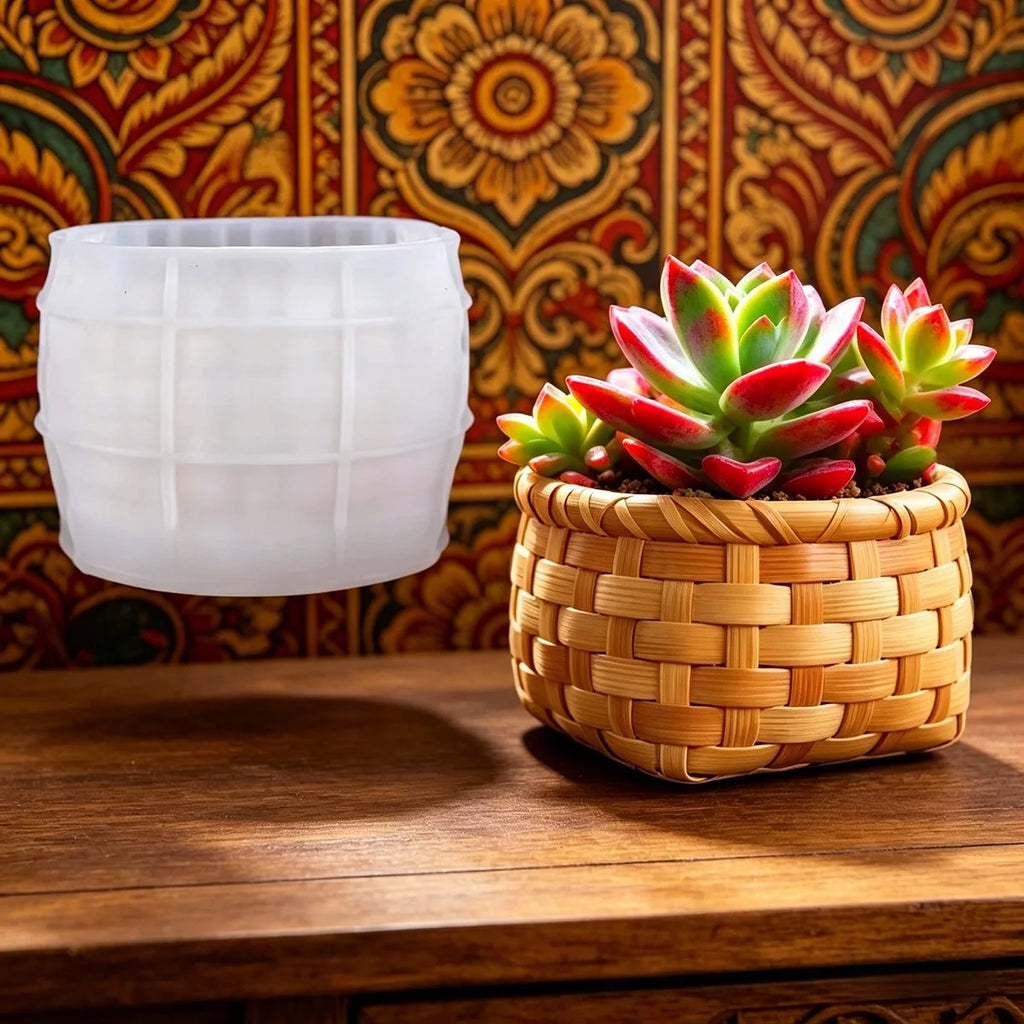 Woven Basket Flowerpot Mold DIY Gypsum Flower Pot Mold Handmade Candle Jar Silicone Mold Round Plaster Cement Vase Mould Decor Oasis Select
