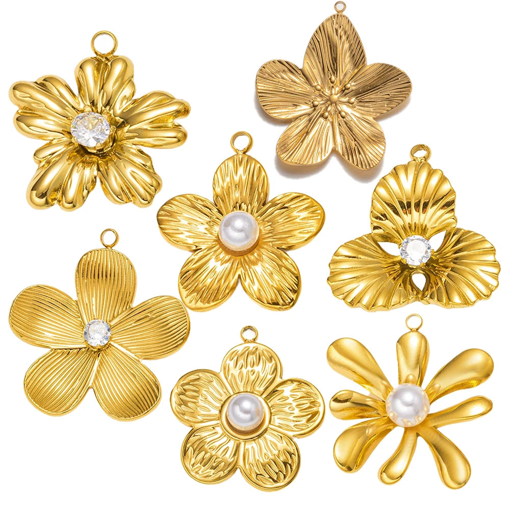 5pcs Gold Stainless Steel Flower Charms Metal Pearl Pendant for DIY Necklace Bracelet Jewelry Making and Crafting Wholesale Bulk Oasis Select