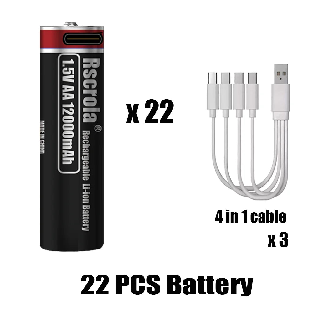 1.5V AA Lithium Battery Rechargeable 12000mAh USB-C Fast Charging, Constant Voltage for Smart Lock, Game Controller, Keyboard Oasis Select 22 pcs AA Batteries 1.5V