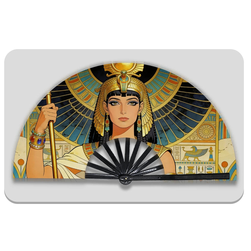 13" Egyptian Cleopatra Folding Fan - Plastic Rib Large Hand Fan for Cosplay, Ancient Egypt Party Decor & Summer Cooling Oasis Select Black