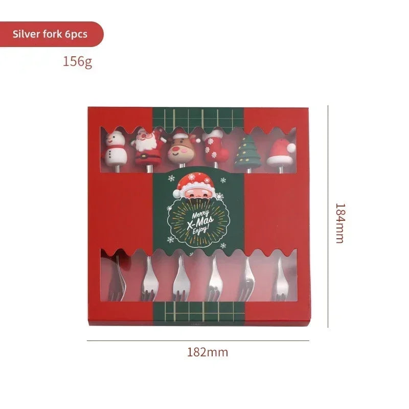4/6PCS Coffee Spoons and Forks Set Creative Stainless Steel Fruit Fork Coffee Spoon Christmas Gifts for Kids Red/Green Gift Box Oasis Select Silver folk 6pcs