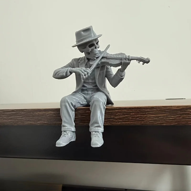 Gothic Skeleton Violin Player Figurines Vintage Elegant Musician Statues Seated Skeleton Ornaments for Shelves Nightstands Gifts Oasis Select Violin Skull Gray