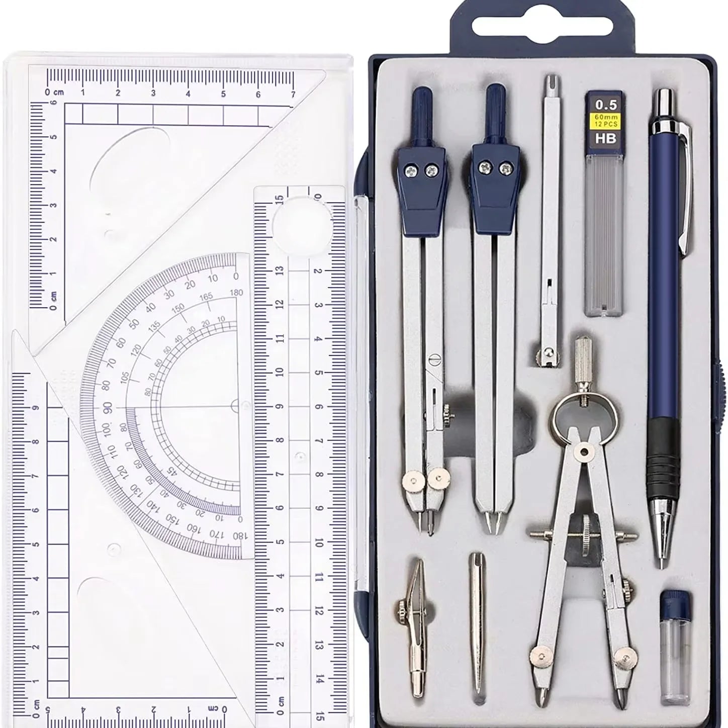 Geometry Drawing Tool Set Compass Ruler Protractor Set Math Drafting Stationery Metal Geometry Kit for Engineers Students Oasis Select 13pcs