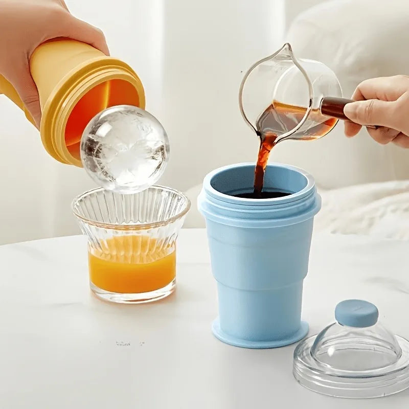 2-in-1 Portable Foldable Ice Hockey Cup, Creative Silicone Material, Whiskey Ice Cube Maker with Freezer Tray, Summer Cup Oasis Select