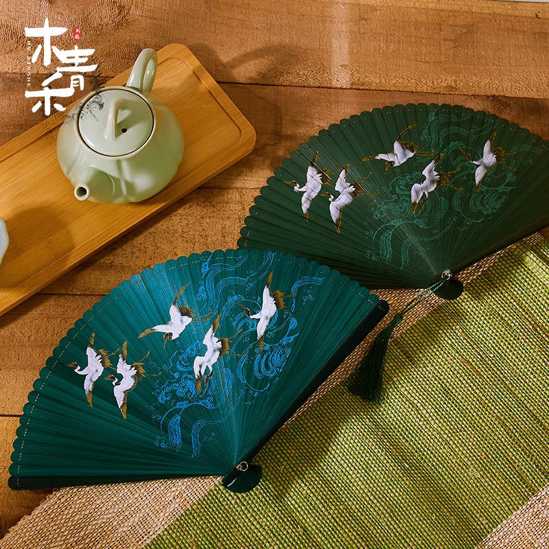 18cm Chinese style retro style all bamboo crane dark green big red bronzing folding fan portable cheongsam dance fan Oasis Select