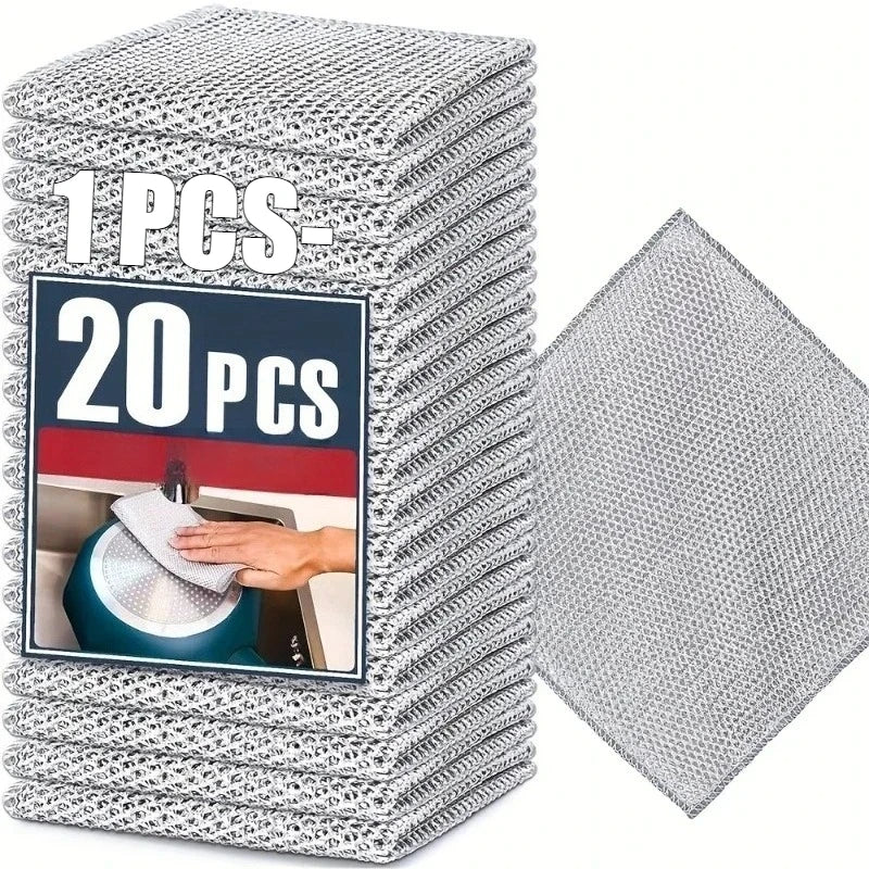 20/1x Steel Wire Cleaning Cloths Double Layer Metal Silver Wire Dishwashing Towels Kitchen Pot Pan Dish Non Stick Oil Rags Cloth Oasis Select