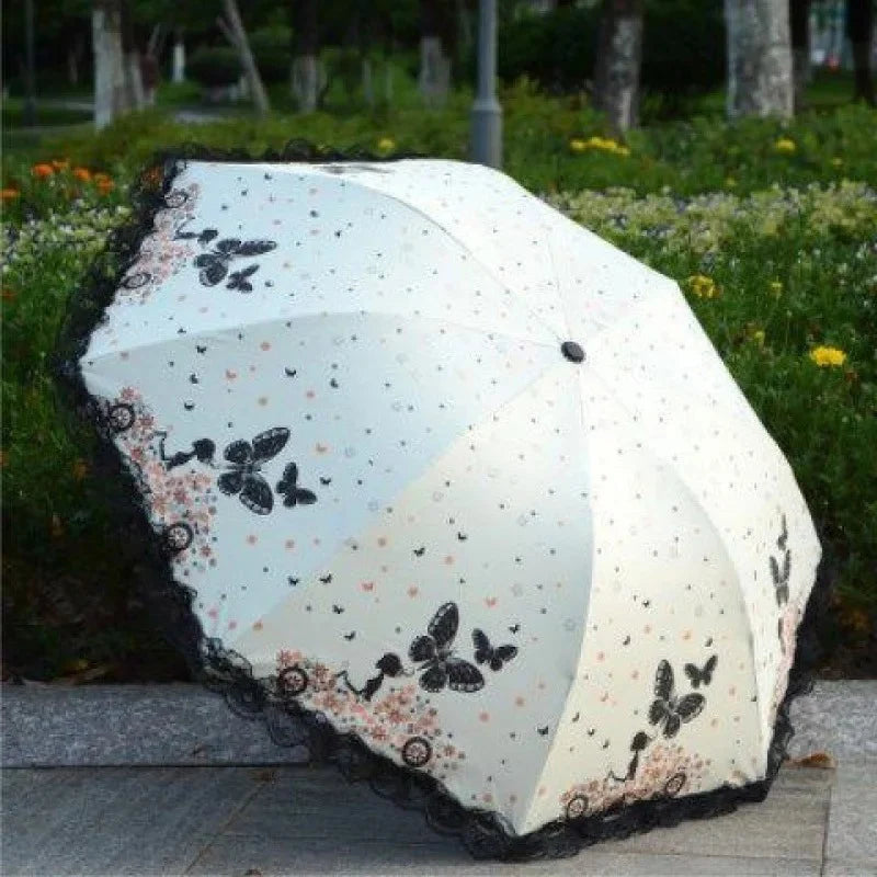 Butterfly Lace Printed Sunshade Umbrella For Both Rain Triple Fold Wind Resistant and Sun ResisTant Black Rubber Umbrella Oasis Select