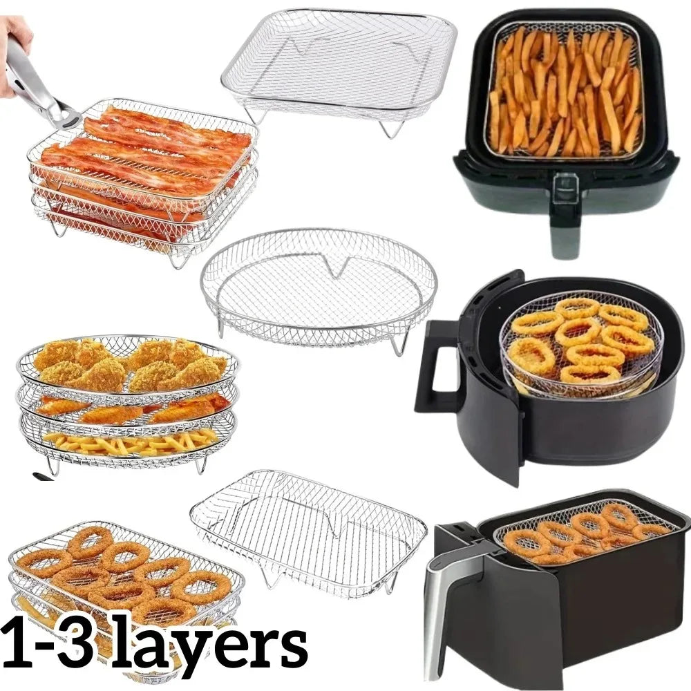1/3Layer Air Fryer Racks Stainless Steel Square Air Fryer Basket Tray Stackable Dehydrator Racks Air Fryer Accessories Kitchen Oasis Select