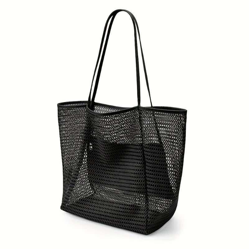 Women's Large Capacity Beach Tote Bag - Durable Polyester Woven Shoulder Bag with Open Top for Travel, Shopping Oasis Select black