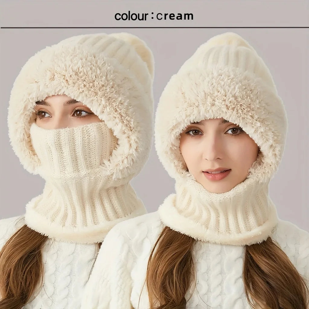 Thickened Knitted Hat Scarf Mask One-Piece, Winter Warm Hat for Women, Full Face Protection Windproof Balaclava Cap Oasis Select
