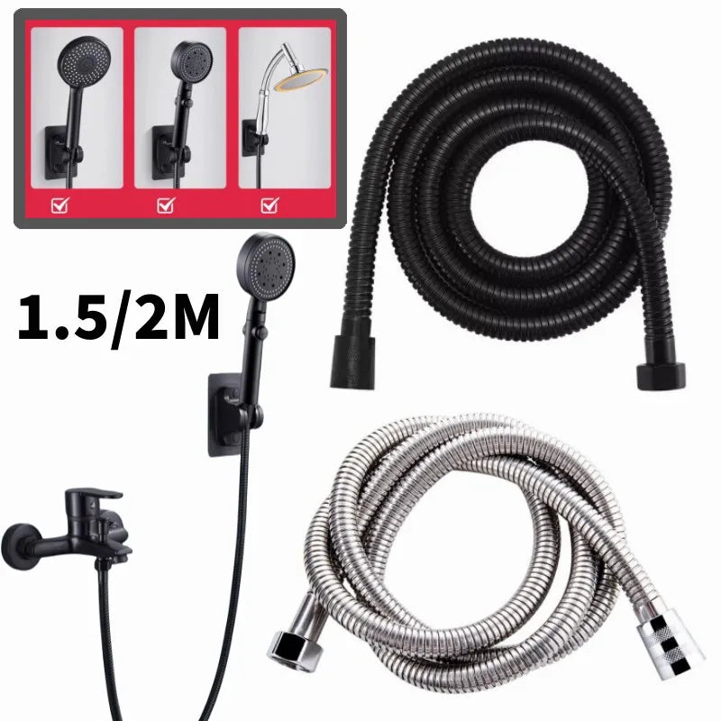 1.5/2M Black SUS 304 Flexible Shower Hose Long Bathroom Shower Water Hose Extension Plumbing Pipe Pulling Tube Bath Accessories Oasis Select