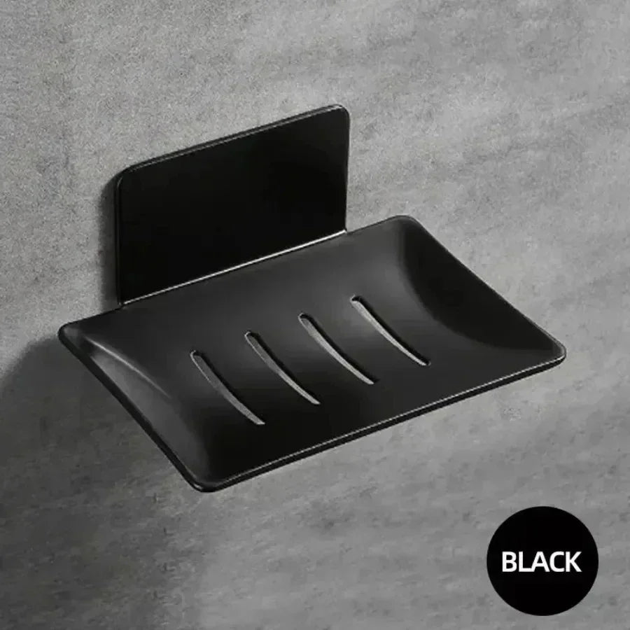 1pc no-drill black metal soap dish, includes adhesive, wall-mounted bathroom soap holder with drainage holes, soap rack Oasis Select Black thin