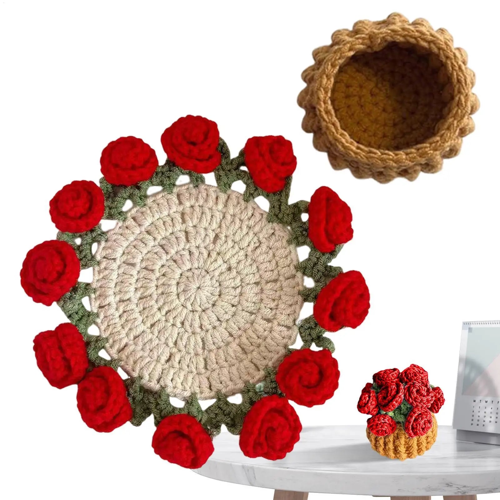 Knitting Coaster Handmade Knitting Romantic Coaster Aesthetic Soft Vintage Pad DIY Vintage Crochet Rose Bouquet Material Kit Oasis Select