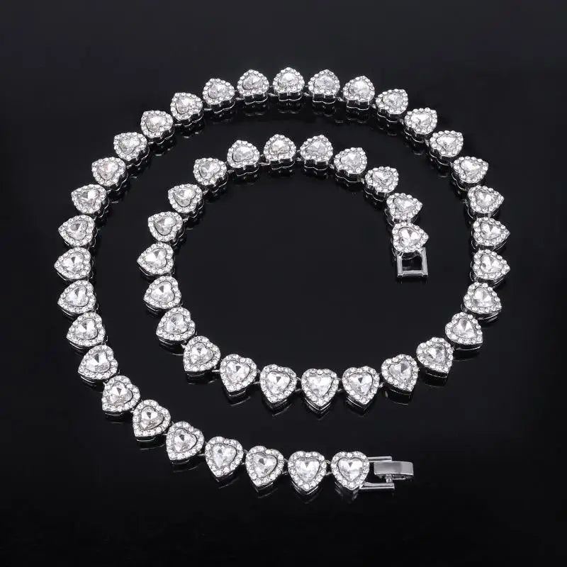 45CM New Hip Hop Tennis Chain Bracelet Necklace Shiny Heart Rhinestone CZ Fashion Rock Party Jewelry Oasis Select