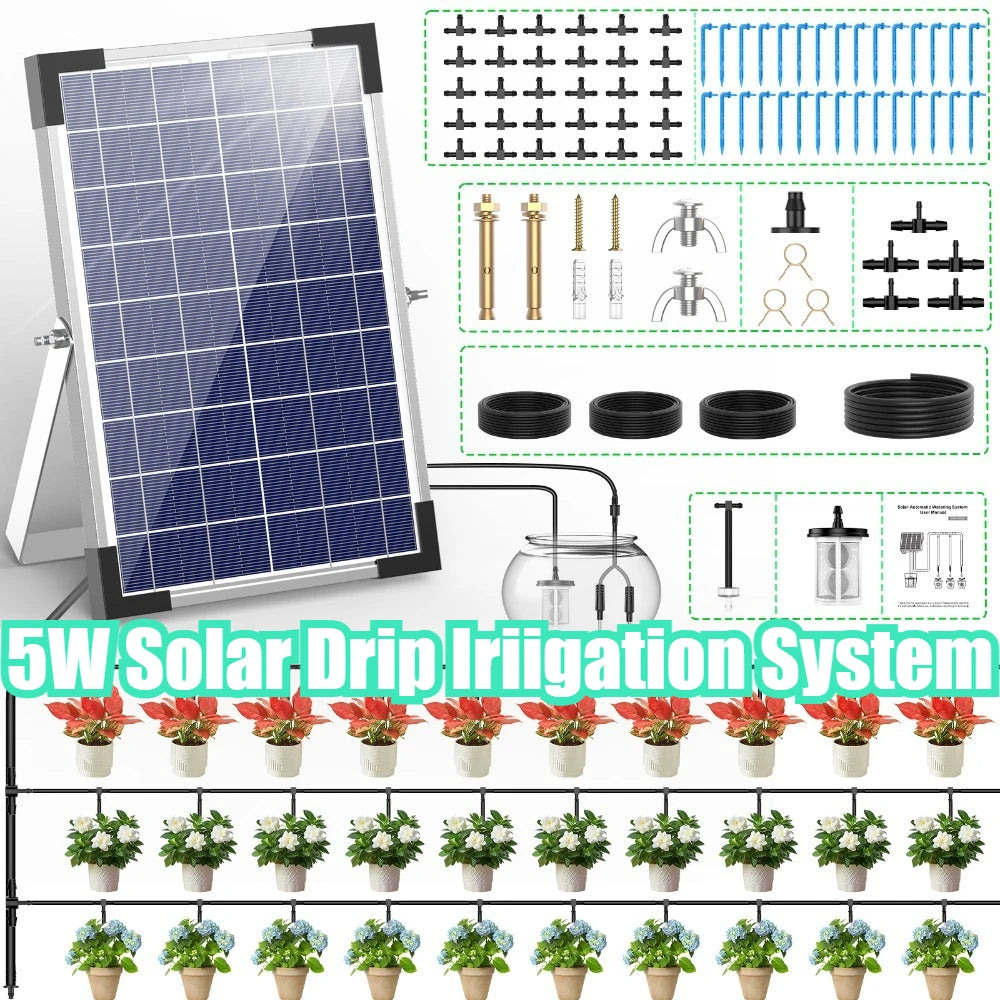 Solar Potted Plants Deep Drip Irrigation Watering System 9V 5W, Watering Regularly Easy DIY, with 30*Drip Tip 15m Water Pipe Etc Oasis Select