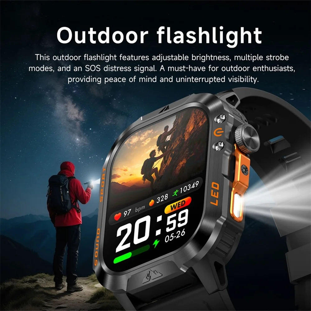 1200mAh Smartwatch Compass Health Smart Watch Men IP68 Waterproof Outdoor Sports Curved HD Screen BT Call LED Flashlight Clock Oasis Select