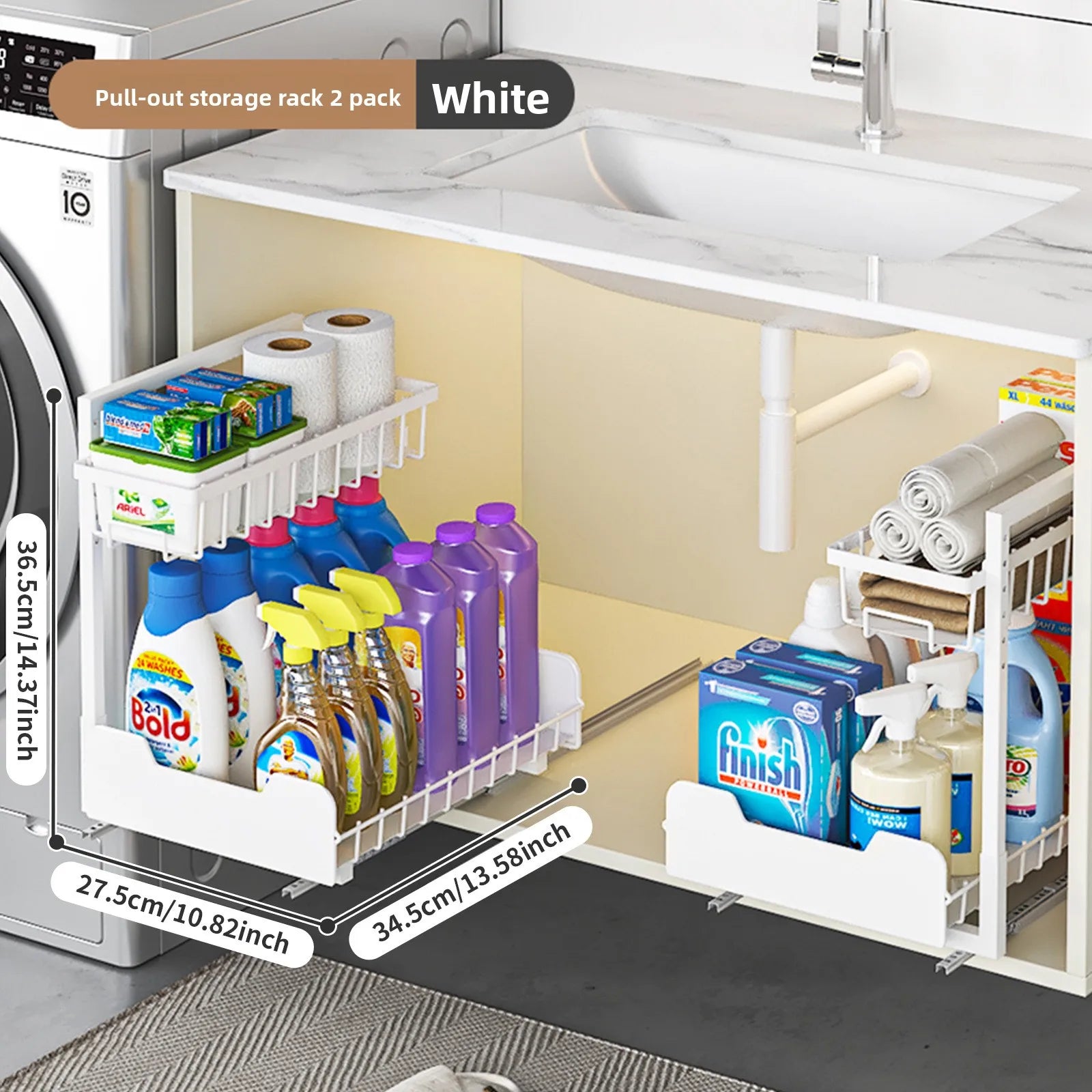 Kitchen Sink Lower Shelf Storage Pull Basket Two-way Guide Rail Bathroom Toilet Cabinet Layered Pull Basket Oasis Select 2 white