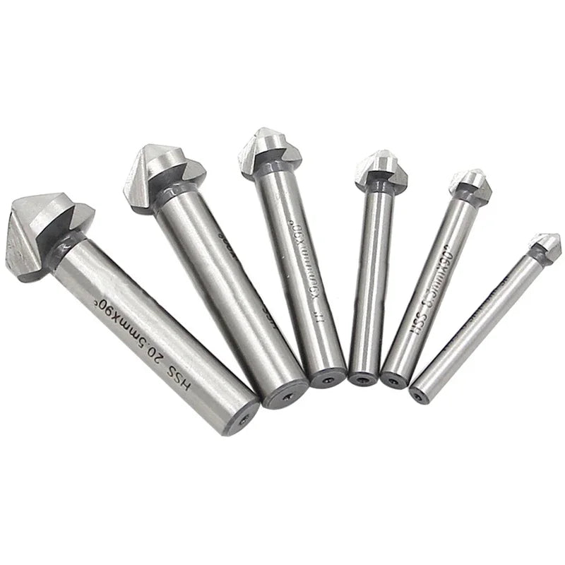 JUSTINLAU 6PCS 90 Degree 3 Slot Round Shank Chamfering End Mill High Speed Steel Countersunk Head Deburring Conical Drill Bit Oasis Select 6Pcs