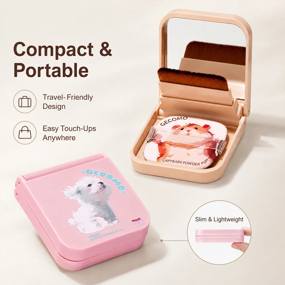 Foldable Compact Makeup Mirror Case Cute Hamster Pattern Soft Foundation Brush & Skin-friendly Powder Puff Pocket Beauty Kit Oasis Select