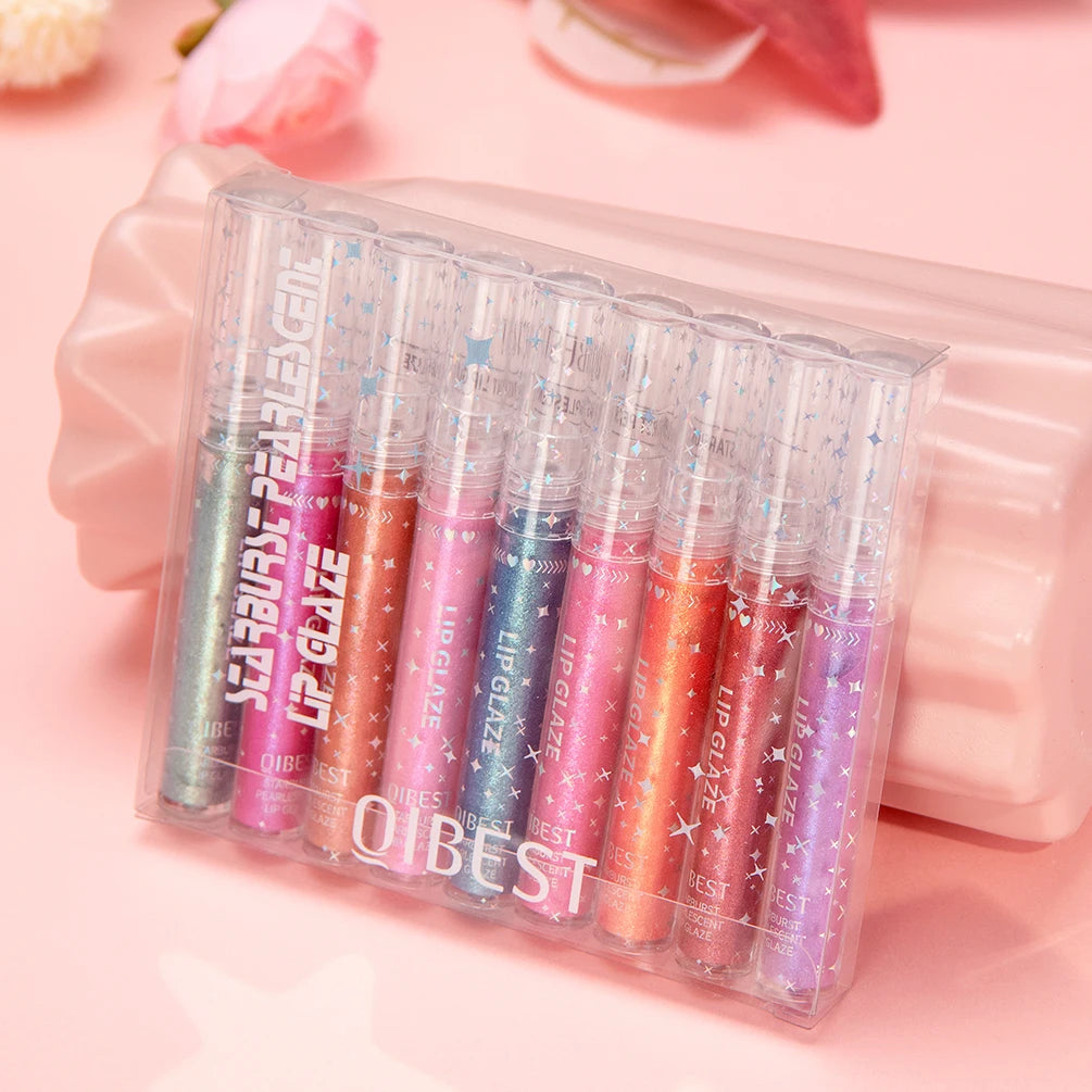 QiBest 9-Pc Glitter Lip Gloss Set – Pearlescent Liquid Lipstick