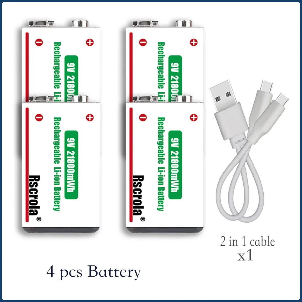 9V Lithium ion Rechargeable Battery 21800mWh High Capacity Long-Lasting for Guitar Microphone Smoke Detector Pedal with Cable Oasis Select 4 pcs 9v Battery 9v