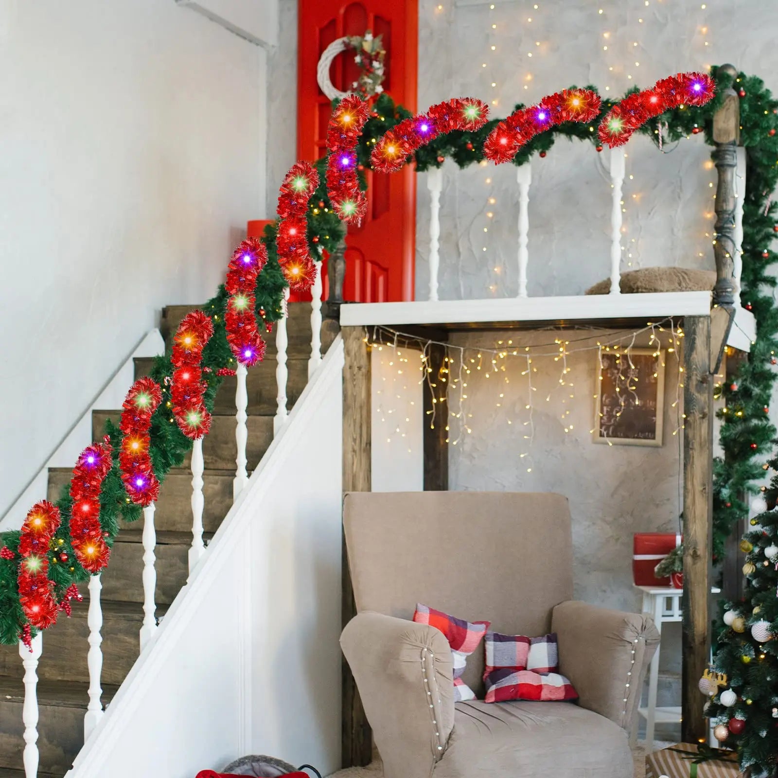 LED Christmas Tinsel Garland Artificial DIY Christmas Garland With LED Lights Xmas Metallic Twist Hanging Garland Fireplace 5m Oasis Select
