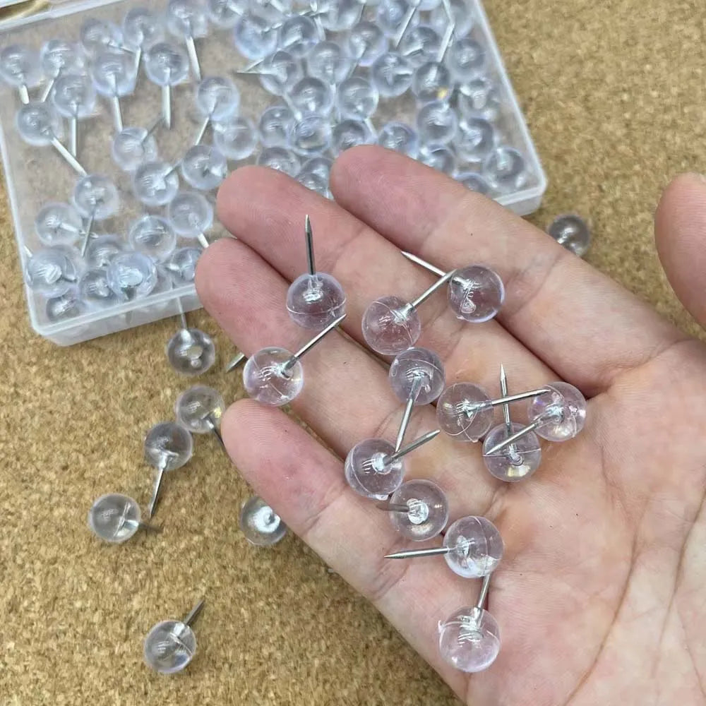 100pcs Push Pins, Map Thumb Tacks Steel Point and Transparent Plastic Round Head for Bulletin Board, Fabric Marking, Crafts Oasis Select