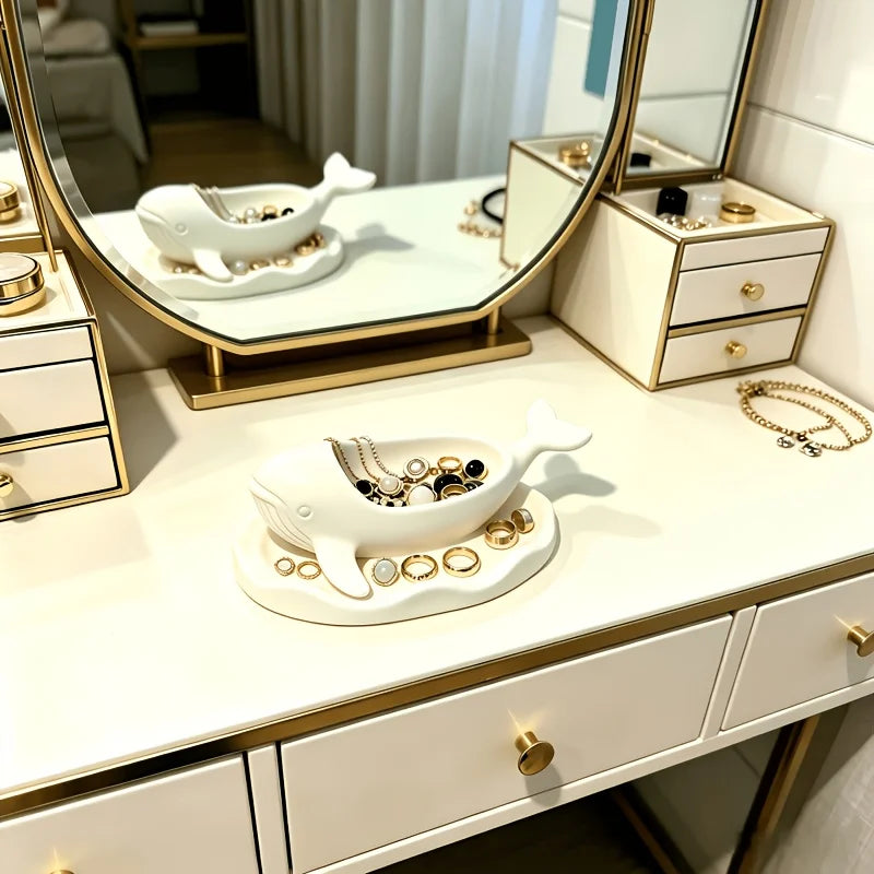 White Whale Shaped Jewelry Tray Wave Base Trinket Dish for Earrings Necklaces Cute Vanity Entryway Decor Storage Holder Oasis Select