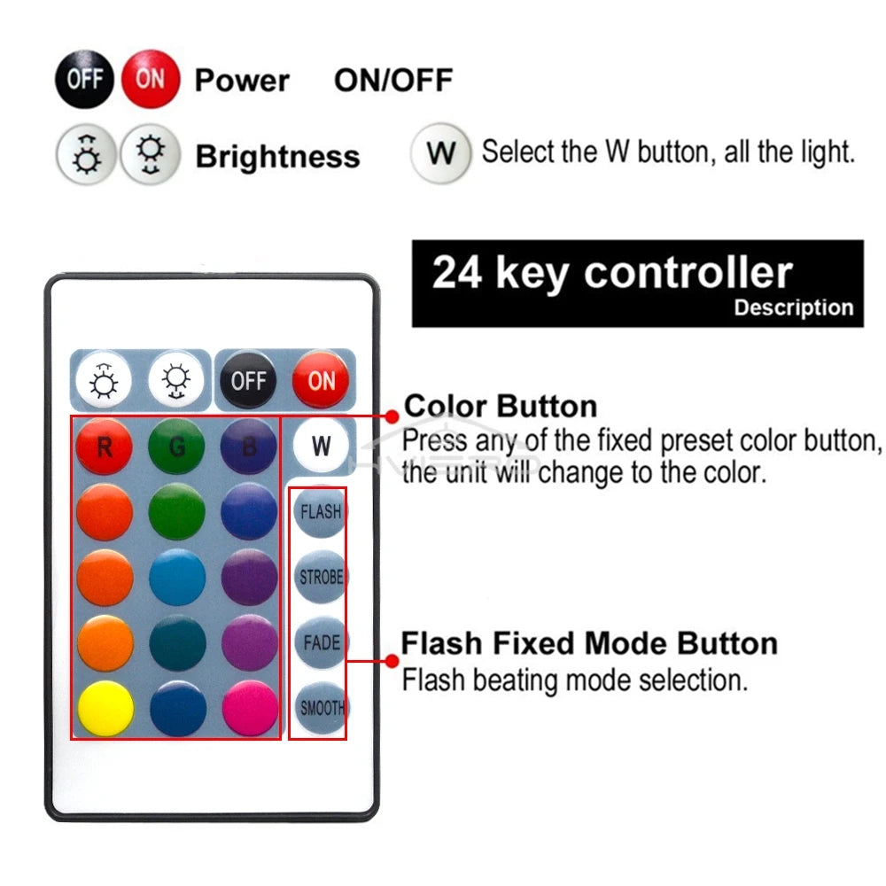 24-Key IR Remote RGB LED Strip Controller – DC 12V