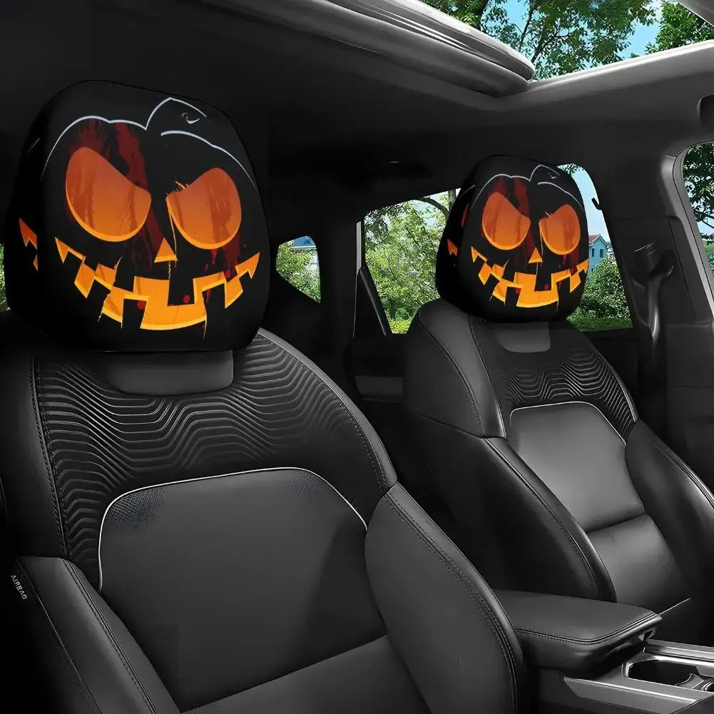 2pcs Halloween Decoration Black Skull Car Print Headrest Cover Universal Stretchy Spooky Fun Universal Head Cover Auto Parts Oasis Select
