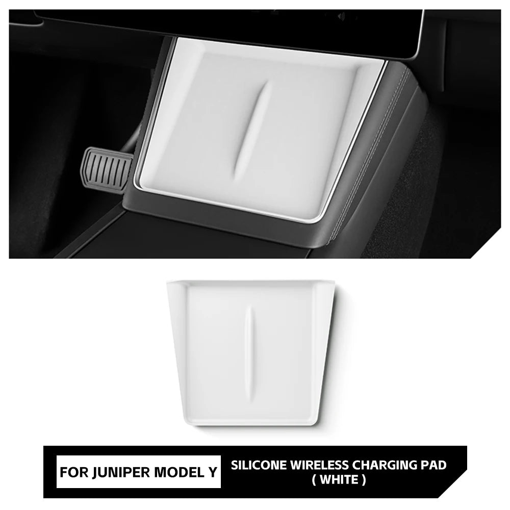 For Tesla Car Accessories Car Wireless Charging Pad for Tesla Model Y Juniper 2025 2026 Center Console Anti Slip Silicone Mat Oasis Select WHITE A