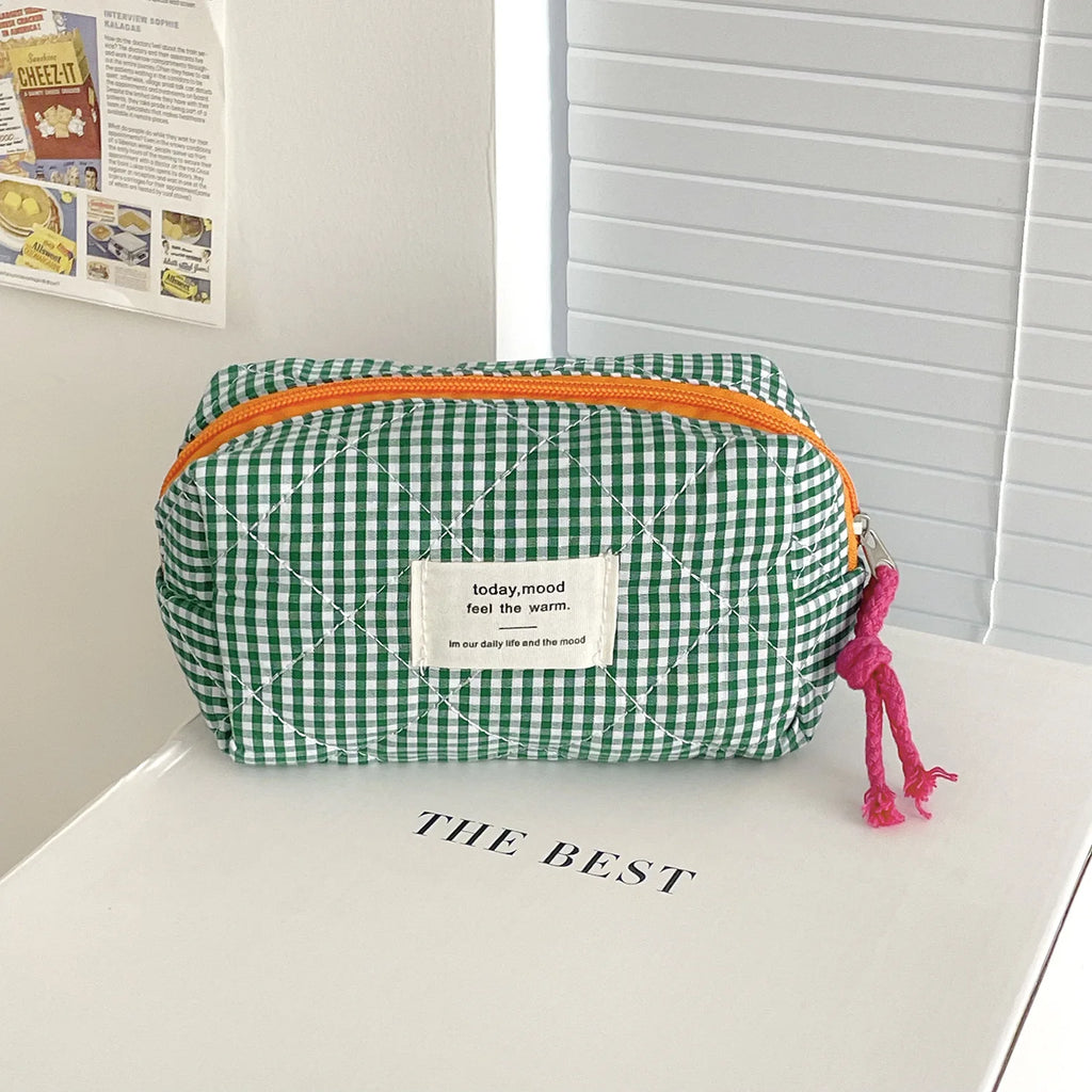 Vintage Plaid Octagon Bag, Japanese Style Makeup Pouch, Cute Cosmetic Bag for Women, Portable Travel Organizer Oasis Select green