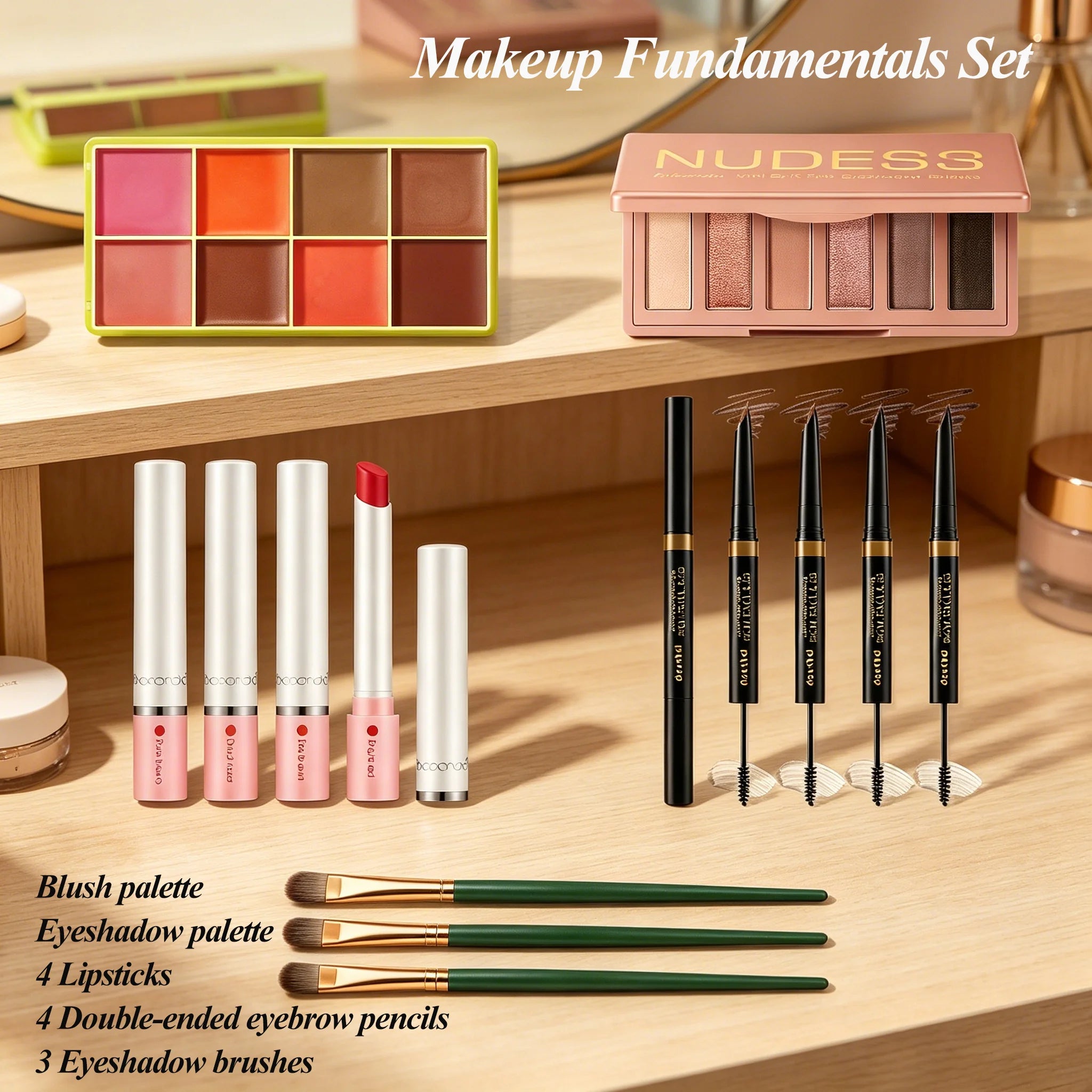 Makeup Fundamentals Set Blush Palette，Eyeshadow Palette, Lipstick, Eyebrow Pencil, Eyeshadow Brush Beauty Cosmetic for Daily Use Oasis Select