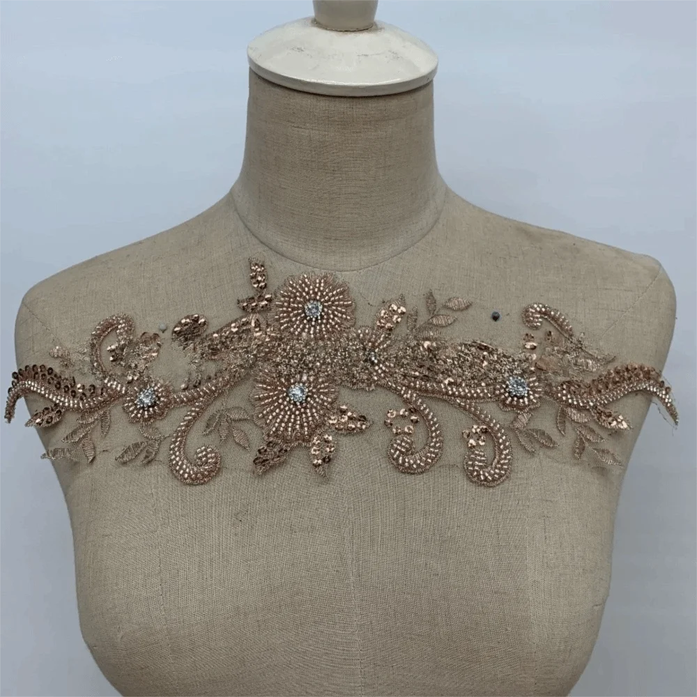Rhinestone Flower Lace Applique Patch Handsewn Glass Drill Flower Embroidery Applique DIY Evening Gown Wedding Dress Accessories Oasis Select Rose Gold