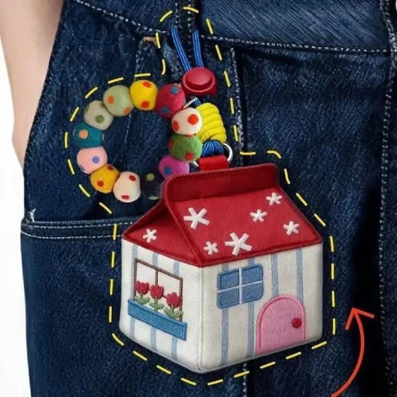 Red House Earphone Coin Storage Bag Keychain Pendant High Aesthetic Value Car Decoration Gifts Youth Campus Style Oasis Select