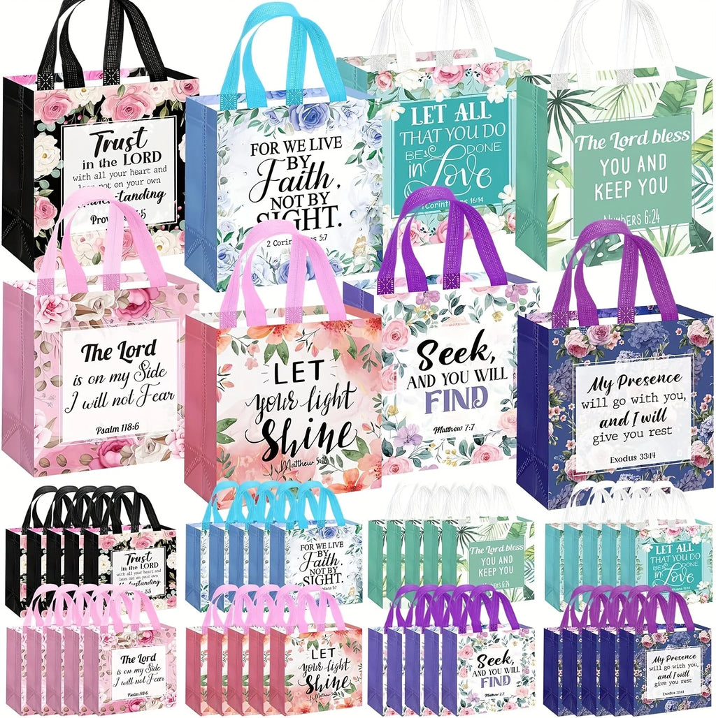 8/16/32pcs Floral Bible Tote Bag - For Christian Baptism, Non Woven Bag, Reusable Tote Bag, Baptism, Wedding Birthday, Inspiring Oasis Select