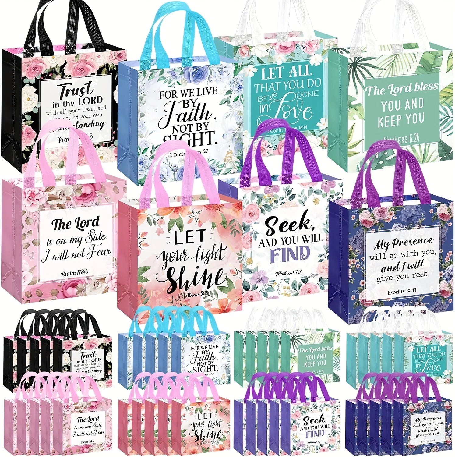 8/16/32pcs Floral Bible Tote Bag - For Christian Baptism, Non Woven Bag, Reusable Tote Bag, Baptism, Wedding Birthday, Inspiring Oasis Select