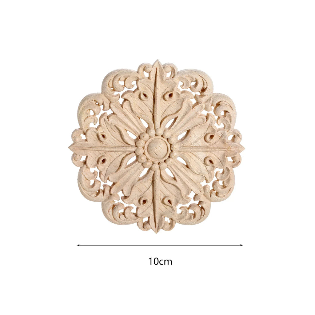 1 PC Retro Woodcarving Unpainted Solid Wood Round Applique Decorative Engraving Furniture Decoration for Wall Door Windows Oasis Select