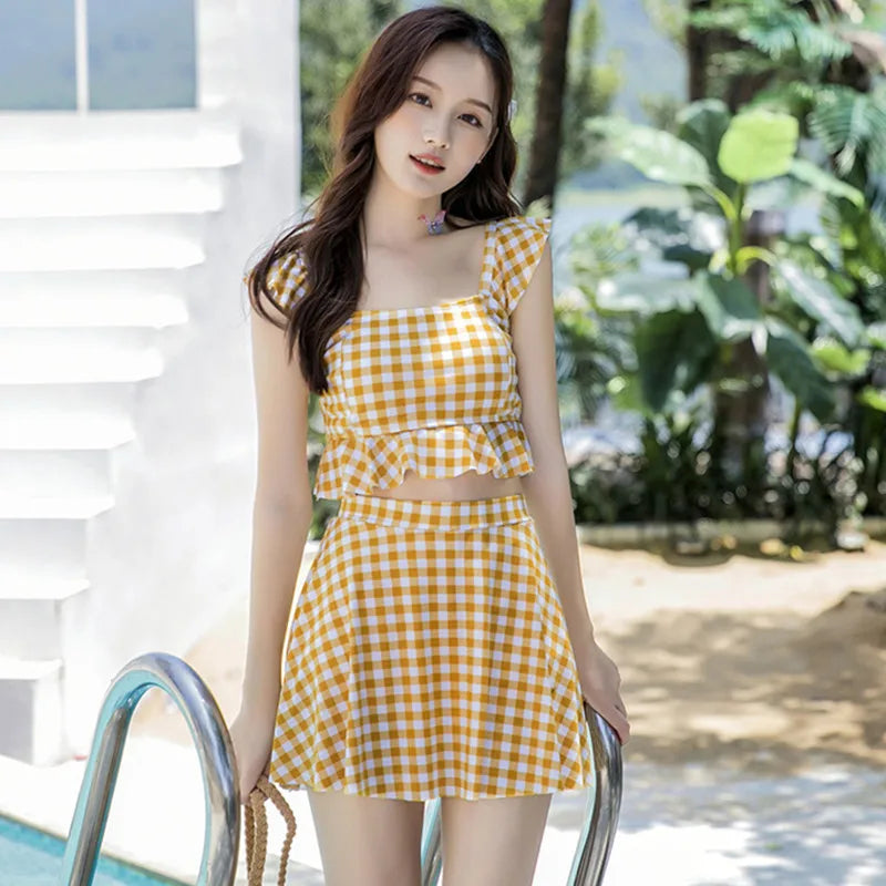 Swimsuit for women summer mini splitflat corner skirt style, hot spring cute girl, checkered student swimsuit Oasis Select black 85-59 kg