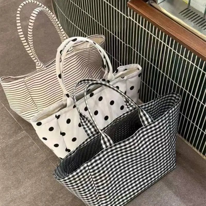 Canvas Tote Bag For Women Large Capacity Striped Plaid Polka Dot Shoulder Bag Reusable Shopping Handbag For Work Travel Beach Oasis Select