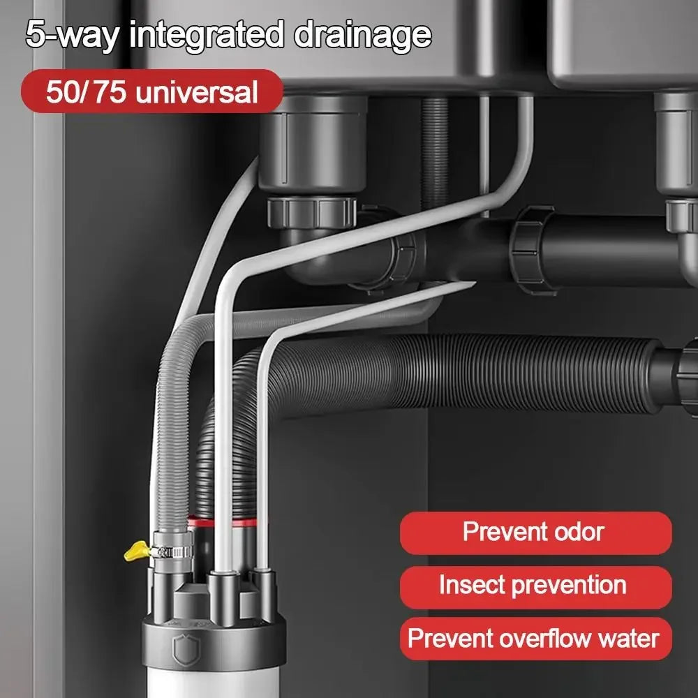 Anti Odor Sink Drain Pipe Adapter 5 in 1 Multifunctional Kitchen Basin Sewer Branch Sealing Ring Drainage Water Pipe Joint Oasis Select