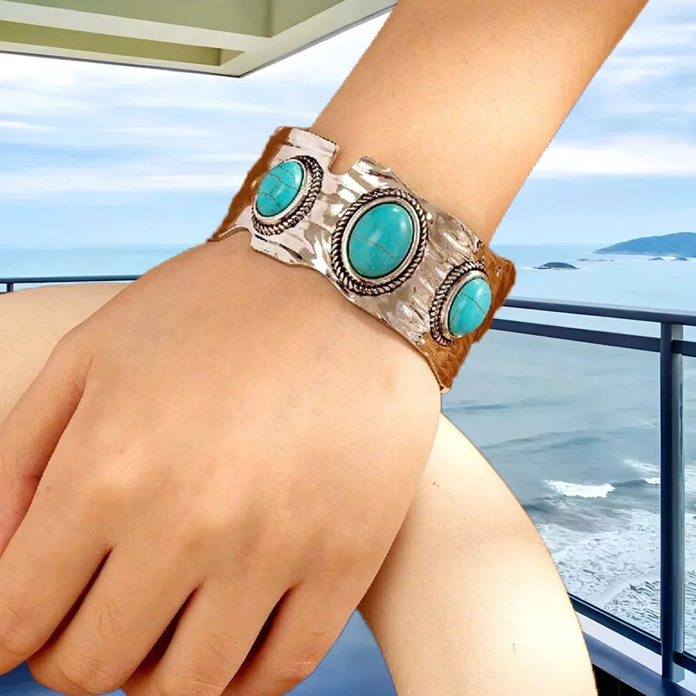 Multi Type Inlaid Imitation Turquoise Alloy Cuff Bracelet for Women New Fashion Bohemian C Shape Open Bangle Jewelry Accessories Oasis Select