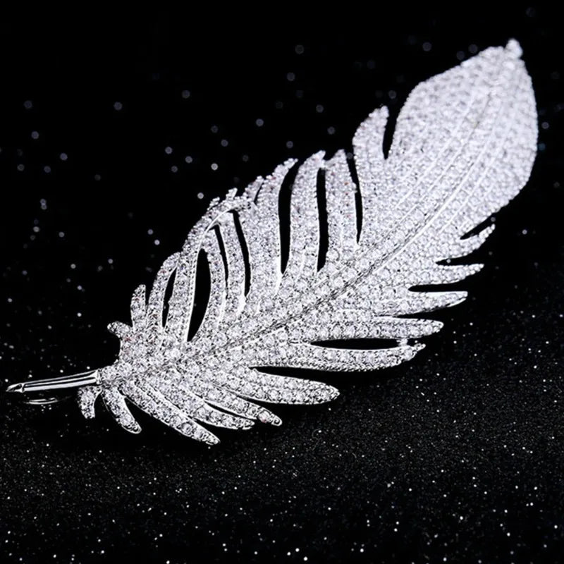 1pc Elegant Silver Color Full of Rhinestone Feather Brooches for Women Men Unisex Luxury Crystal Lapel Safety Pins Party Jewelry Oasis Select