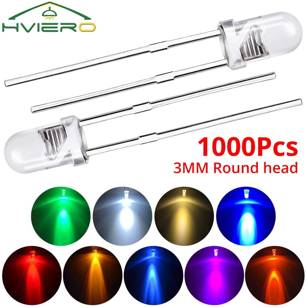 1000pcs F3 3mm LED Diode Assortment Kit – Multi-Color Bulbs