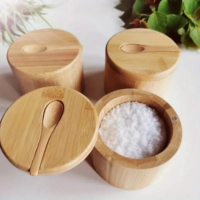 Salt Seasoning Jars Pepper Jar Bamboo Condiment Box Bowl Storage Pot Set Wood Sugar Container Holder Lid Function Multi Bowls Oasis Select