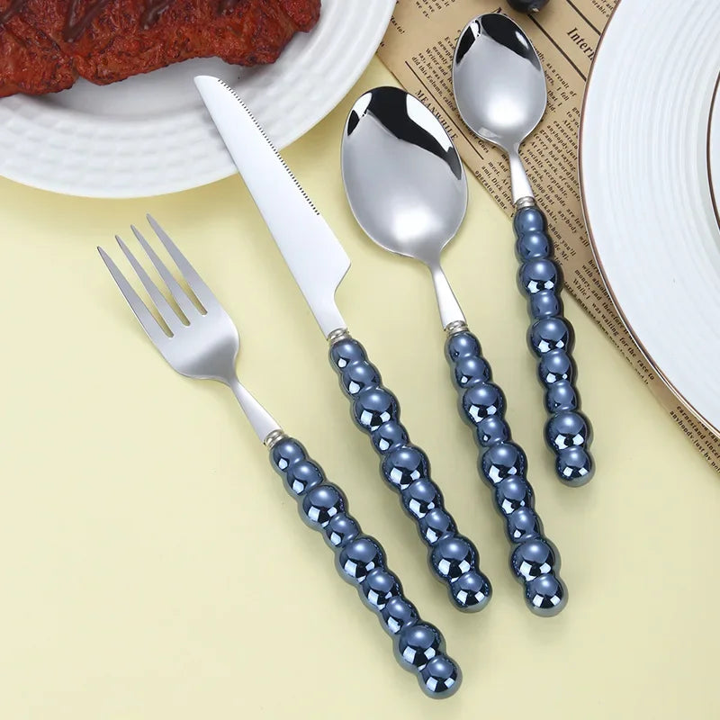 4Pcs/Set Luxury Dinnerware Stainless Steel Spoon and Fork Ceramic Pearl Handle Western Silver Cutlery High-looking Tableware Oasis Select