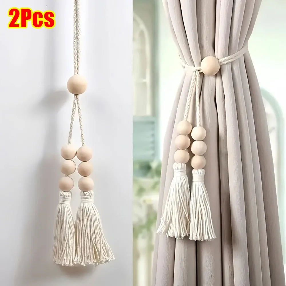 2Pcs Curtain Tiebacks with Tassels Fixed Nordic Curtain Tying Rope Wooden Bead Simple Curtain Hooks Bundle Bags Storage Buckle Oasis Select Style 1