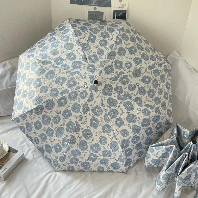 Blue floral automatic umbrella black vinyl dual-use for sunny and rainy sun protection UV protection folding portable umbrella. Oasis Select